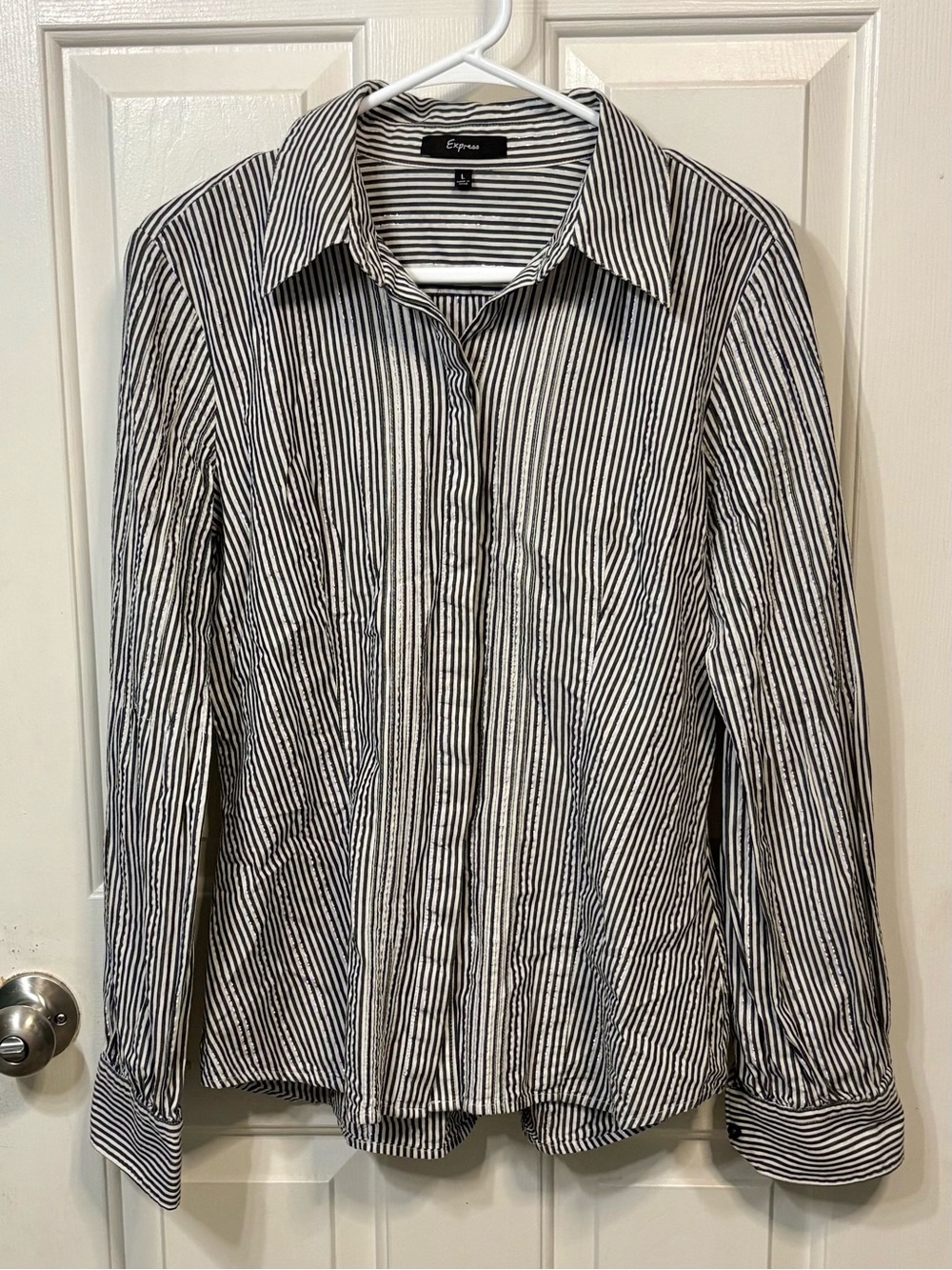 Express Women’s Black, White and Silver Striped Button-Up Shirt